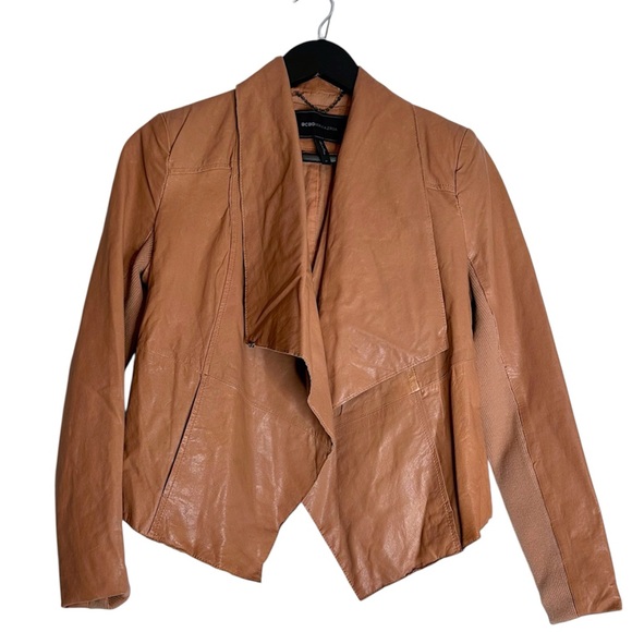 BCBGMAXAZRIA Harley Blush Brown Open Front Leather Moto Jacket Size Medium - Picture 1 of 6